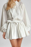 Printed Round Neck Lantern Long Sleeved Dress