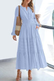 V-Neck Pleat Waist Cinching Long Sleeved Dress