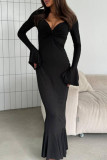 Solid Color Ruffled Long Sleeved V-Neck Dress