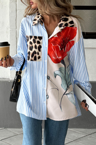 Printed Striped Patchwork Lapel Long Sleeved Shirt