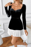 Contrasting Peach Collar Velvet Long Sleeved Dress