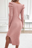 Retro Solid Color Square Neck Long Sleeved Dress