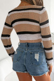 Hollow Contrasting Striped Tie Long Sleeved Cardigan Sweater
