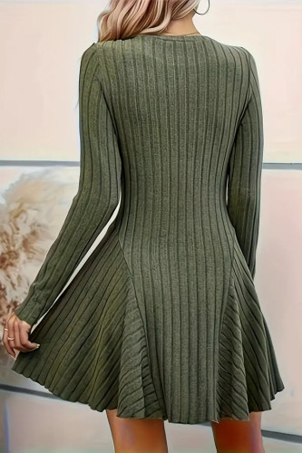 V-Neck Long Sleeved Solid Color Dress