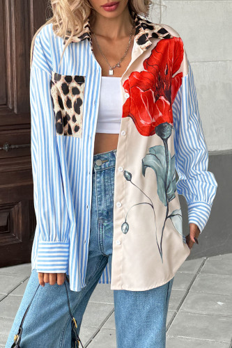 Printed Striped Patchwork Lapel Long Sleeved Shirt