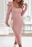 Retro Solid Color Square Neck Long Sleeved Dress