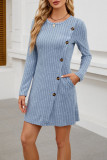 Round Neck Long Sleeved Button Pocket Dress