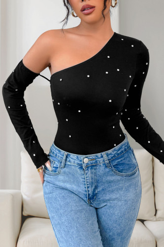 Diamond Studded Slanted Shoulder Long Sleeved Jumpsuit