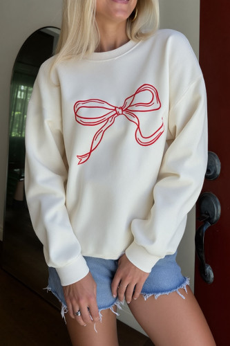 Round Neck Bow Printed Long Sleeved Sweatshirt