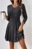 V-Neck Long Sleeved Solid Color Dress