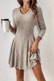 V-Neck Long Sleeved Solid Color Dress