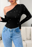 Diamond Studded Slanted Shoulder Long Sleeved Jumpsuit