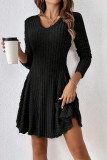 V-Neck Long Sleeved Solid Color Dress