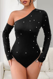 Diamond Studded Slanted Shoulder Long Sleeved Jumpsuit