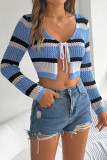 Hollow Contrasting Striped Tie Long Sleeved Cardigan Sweater