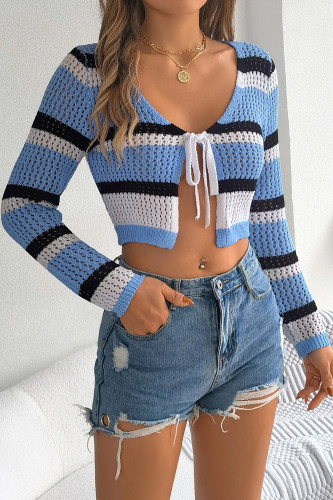 Hollow Contrasting Striped Tie Long Sleeved Cardigan Sweater