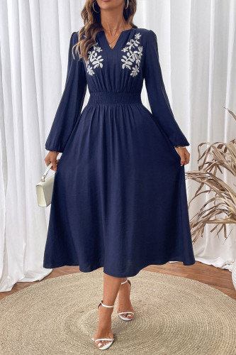 Ethnic Style Waist Cinched V-Neck Embroidered Dress