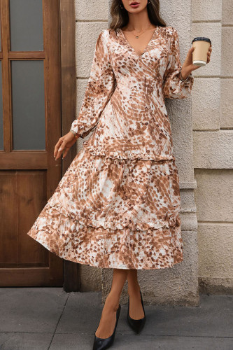 Long Sleeved V-Neck Split Print Dress