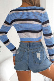 Hollow Contrasting Striped Tie Long Sleeved Cardigan Sweater