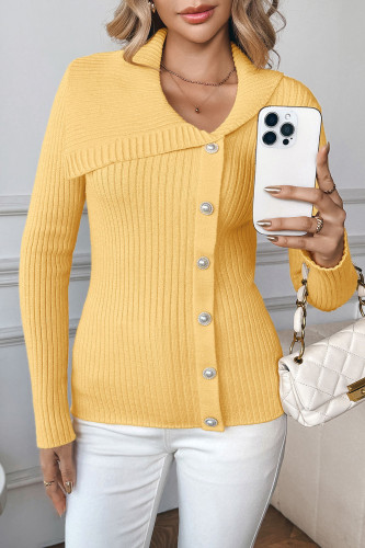 Pearl Decoration Solid Color Asymmetrical V-Neck Sweater