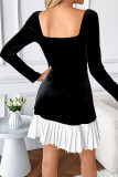 Contrasting Peach Collar Velvet Long Sleeved Dress