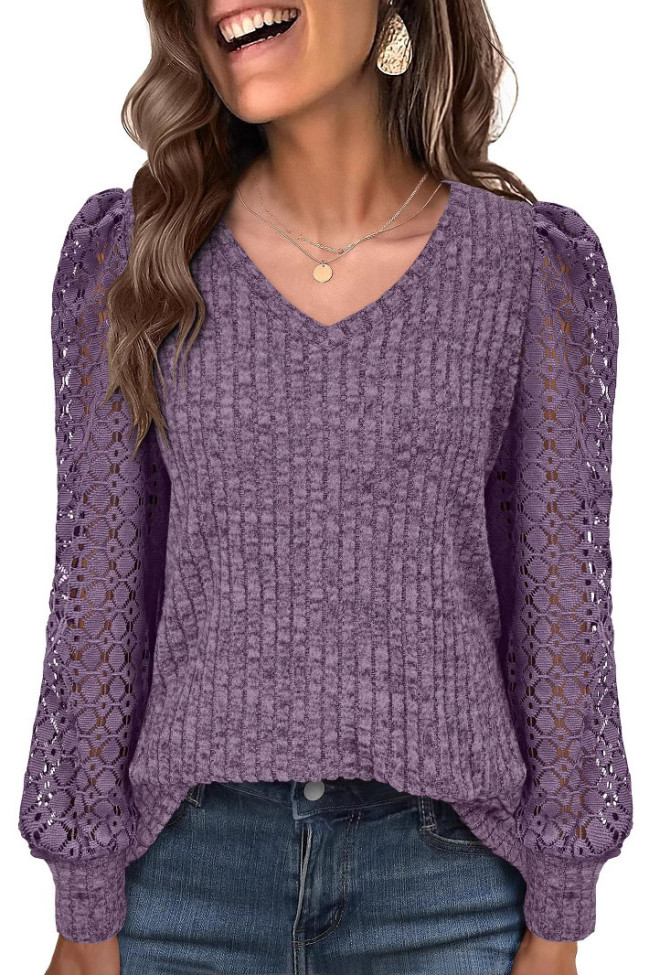 Solid Color V-Neck Lace Long Sleeved T-Shirt