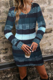 V-Neck Printed Long Sleeved Knitted Pocket Dress