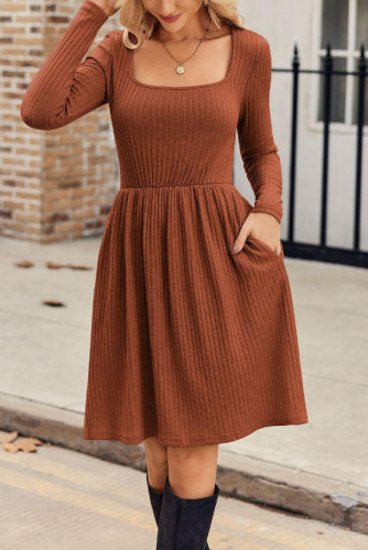 Solid Color Square Neck Ribbed Long Sleeved Slim Fit Dress