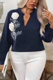 V-Neck Embroidered Flower Lantern Long Sleeve T-Shirt