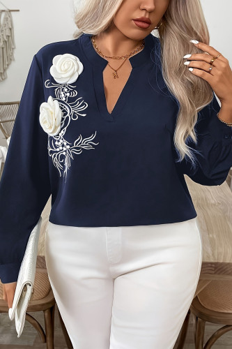 V-Neck Embroidered Flower Lantern Long Sleeve T-Shirt