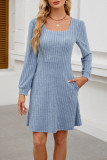 Square Neck Pocket Knitted Sweater Long Sleeved Dress