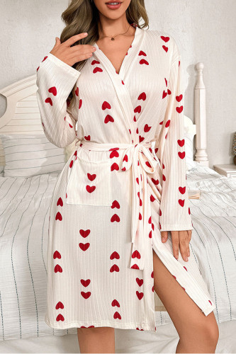 Love Printed Long Sleeved Waist Cinched Nightgown