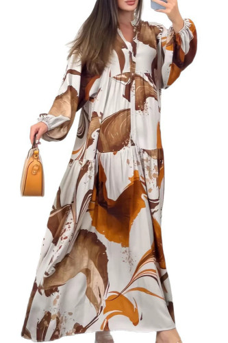Large Size Long Sleeved V-Neck Printed Loose Dress