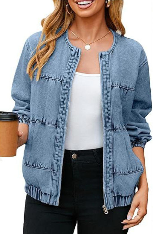 Round Neck Lantern Long Sleeved Zipper Denim Jacket