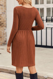Solid Color Square Neck Ribbed Long Sleeved Slim Fit Dress