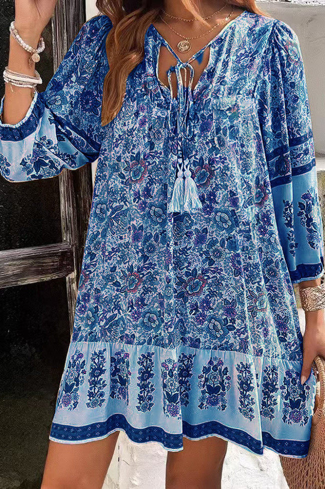 Bohemian V-Neck Long Sleeved Printed Dress