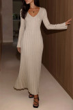 Solid Color V-Neck Long Sleeved Dress