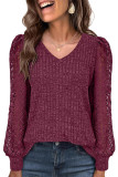 Solid Color V-Neck Lace Long Sleeved T-Shirt