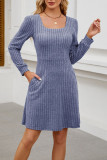 Square Neck Pocket Knitted Sweater Long Sleeved Dress