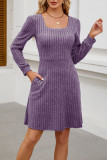 Square Neck Pocket Knitted Sweater Long Sleeved Dress