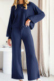 Round Neck Long Sleeved Shirt Flared Pants Two-Piece Set