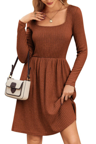 Solid Color Square Neck Ribbed Long Sleeved Slim Fit Dress