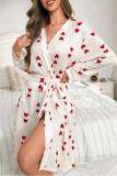 Love Printed Long Sleeved Waist Cinched Nightgown
