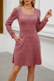 Square Neck Pocket Knitted Sweater Long Sleeved Dress