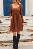 Solid Color Square Neck Ribbed Long Sleeved Slim Fit Dress