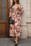 Retro Printed Square Neck Long Sleeved Dress