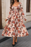 Retro Printed Square Neck Long Sleeved Dress