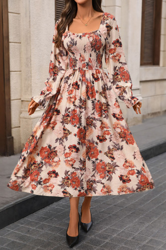 Retro Printed Square Neck Long Sleeved Dress