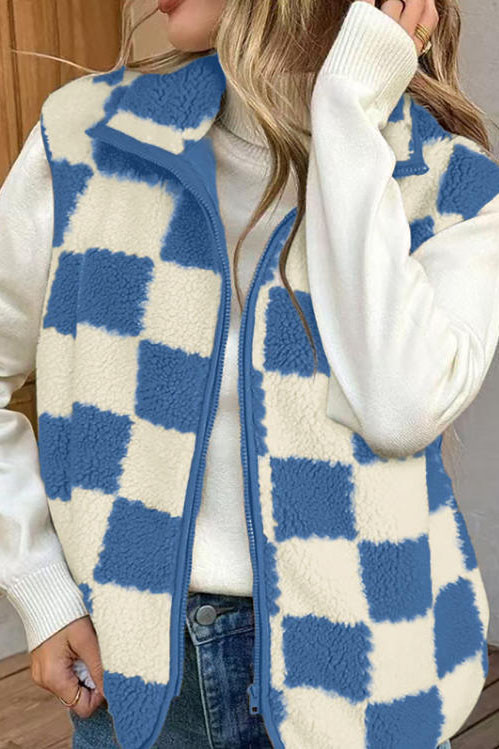 Retro Block Checkered Printed Zipper Cardigan Vest