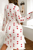 Love Printed Long Sleeved Waist Cinched Nightgown